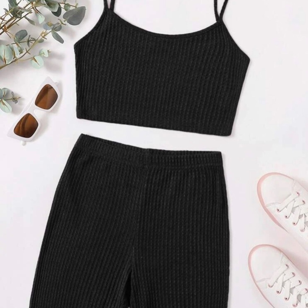 Solid Waffle knit cami top biker shorts  set